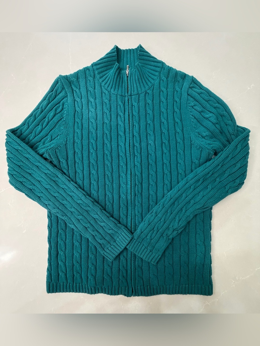 LL Bean Teal Cable Knit Full Zip Sweater Mock Neck Cotton Cardigan Large